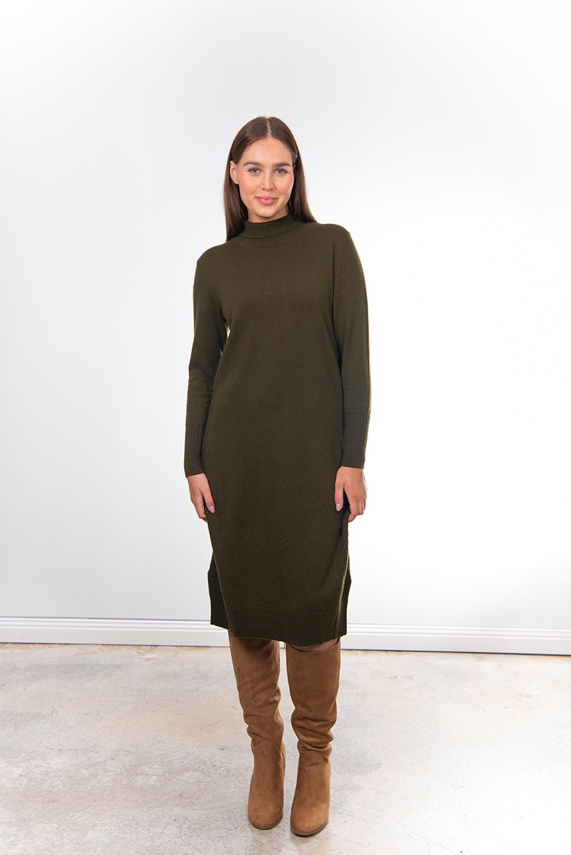 FIELDS SIDE RIBBED DRESS - OLIVE GREEN