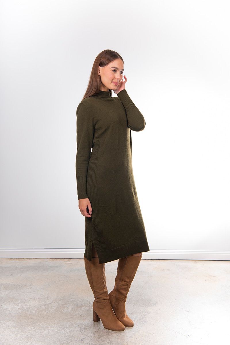 FIELDS SIDE RIBBED DRESS - OLIVE GREEN