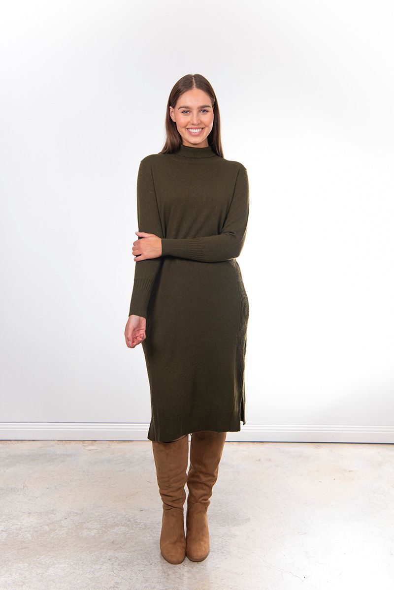 FIELDS SIDE RIBBED DRESS - OLIVE GREEN