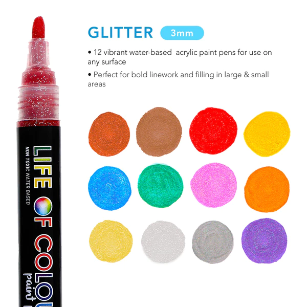 LIFE OF COLOUR Glitter 3mm Medium Tip Acrylic Paint Pens - Set of 12