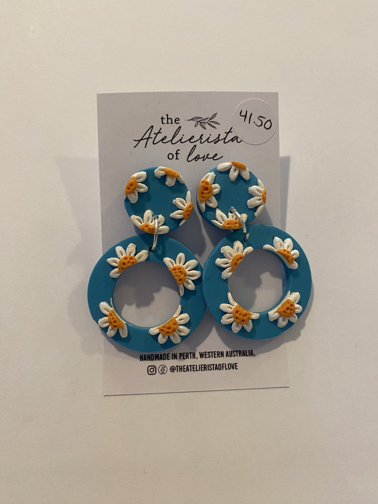 THE ATELIERISTA OF LOVE EARRINGS - DAISIES ON BLUE STUDS