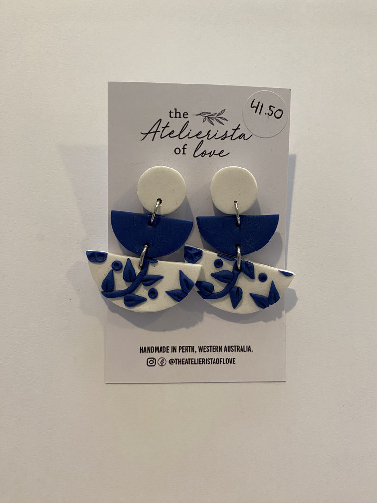 THE ATELIERISTA OF LOVE EARRINGS - ROYAL BLUE AND WHITE FLORAL