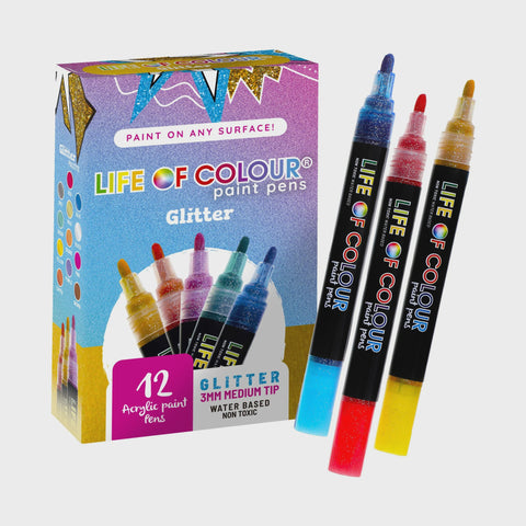LIFE OF COLOUR Glitter 3mm Medium Tip Acrylic Paint Pens - Set of 12