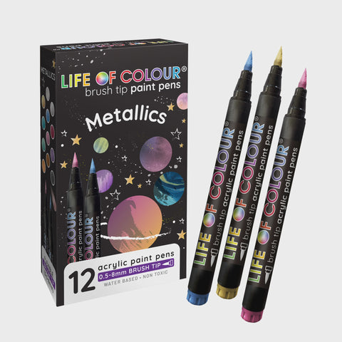 LIFE OF COLOUR Metallic Brush Tip Acrylic Paint Pens - Set of 12